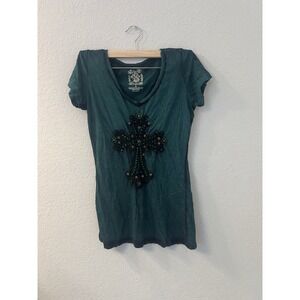 Velvet Stone Women S Rhinestone Cross V-Neck T-Shirt Rocker Gothic USA